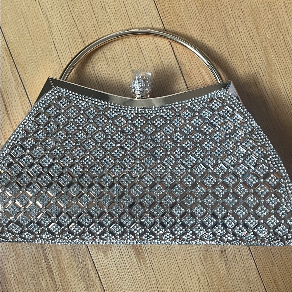 Silver Crystal Evening Wristlet Clutch with Gold Handle
